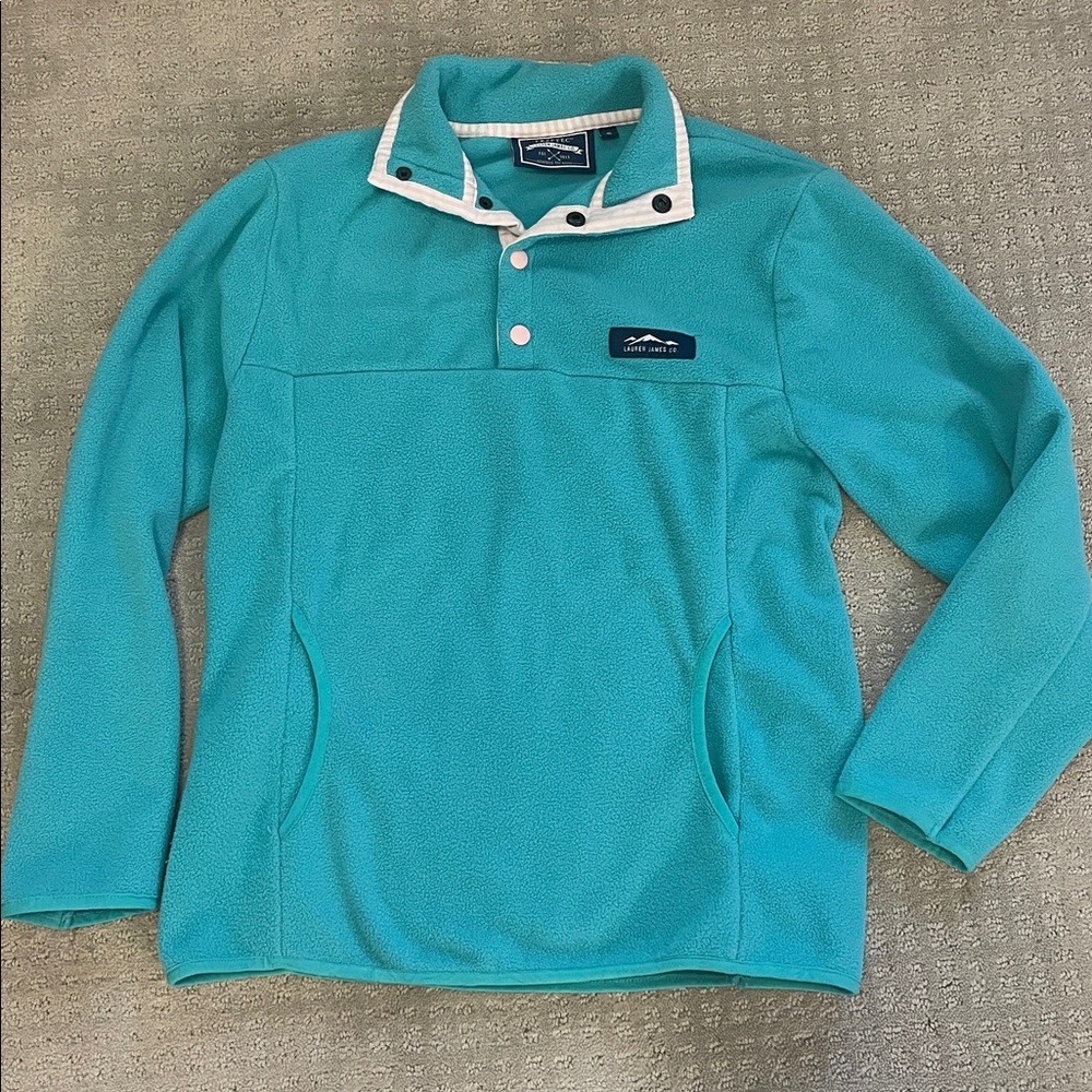 Lauren James small preptec pull over Sherpa fleece pocket blue pink button snap